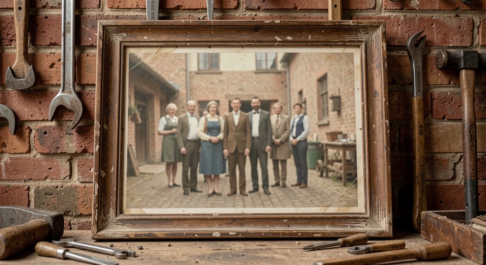 Historisches Gruppenfoto von Arbeitern und Handwerkern vor einer Werkstatt mit Fenstern