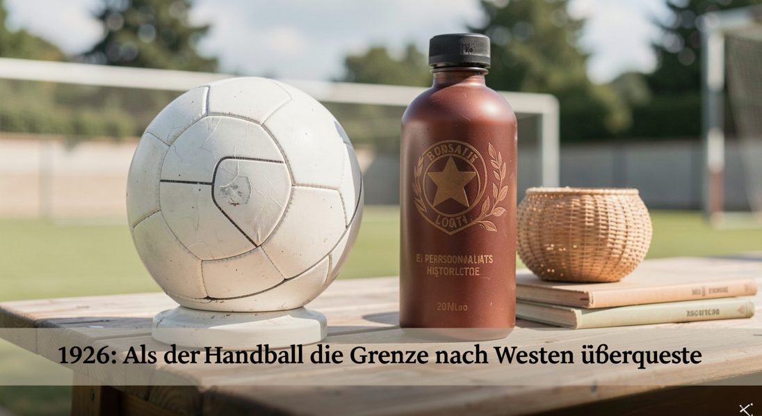Abgegriffener Handball am Rand eines Rasenfelds im Morgenlicht
