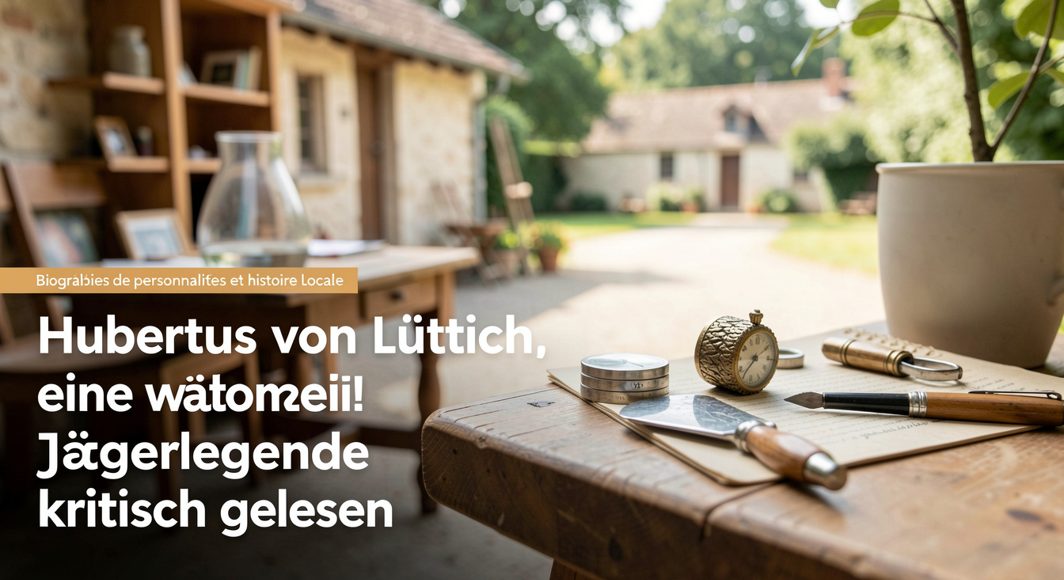Alte Darstellung des heiligen Hubertus neben einem Jagdhorn auf einem Eichentisch