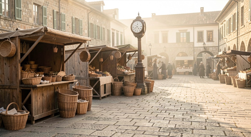 Historischer Marktplatz mit offenen Ständen, Körben und Menschen in Alltagkleidung