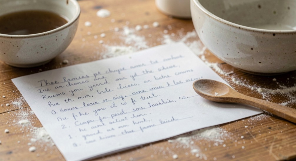 Alte handschriftliche Rezeptkarte mit Zutatenlisten und Flecken auf vergilbtem Papier