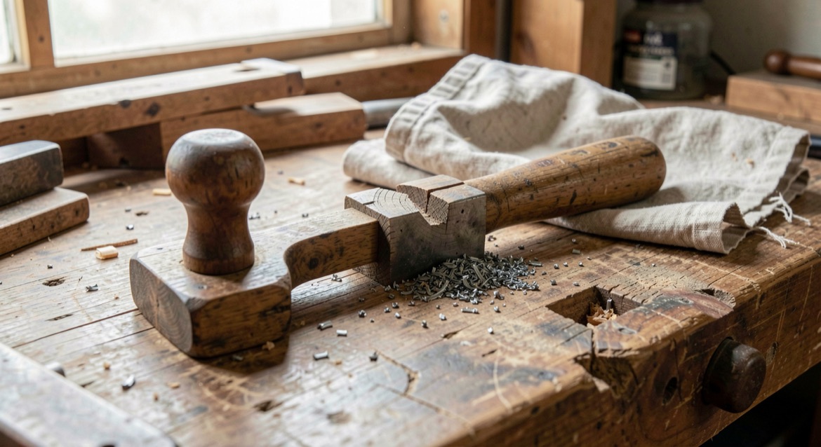 Altes Handwerkzeug mit dunklem Holzstiel, geschmiedeter Verstärkung und eingeritzten Initialen